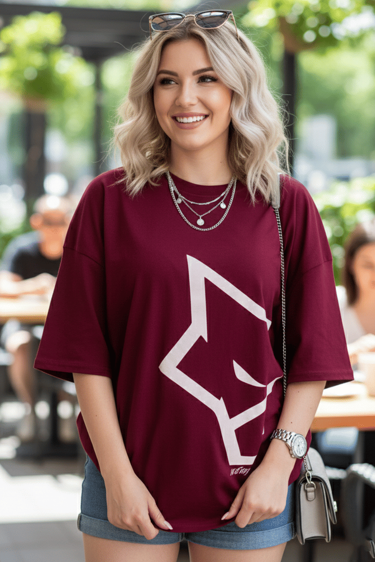 Leotude Women Cotton Blend Printed Oversized Fit Round Neck T-Shirt ( Maroon )