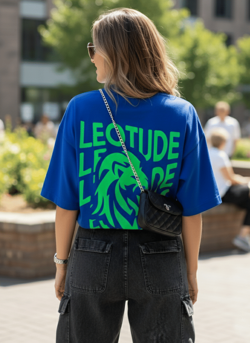 Leotude Women Cotton Blend Printed Oversized Fit Round Neck T-Shirt ( Blue )