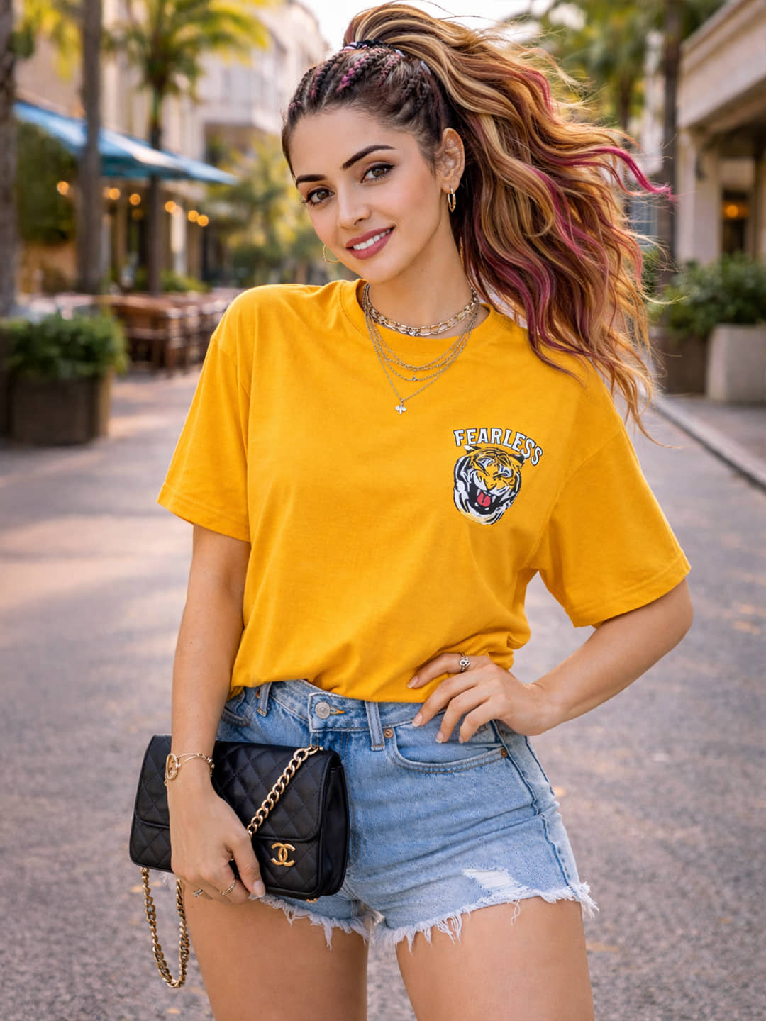Leotude Women Cotton Blend Printed Oversized Fit Round Neck T-Shirt ( Yellow )