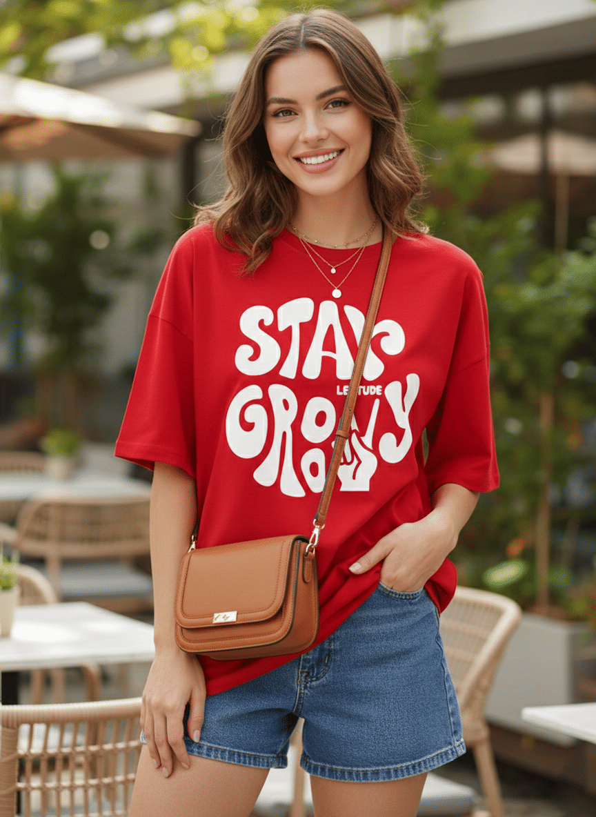 Leotude Women Cotton Blend Printed Oversized Fit Round Neck T-Shirt ( Red )