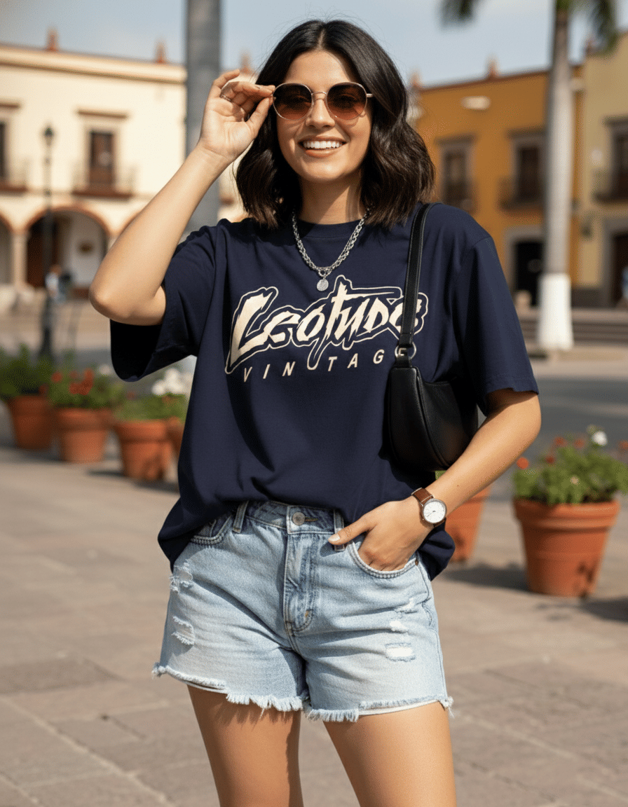 Leotude Women Cotton Blend Printed Oversized Fit Round Neck T-Shirt ( Navy Blue )