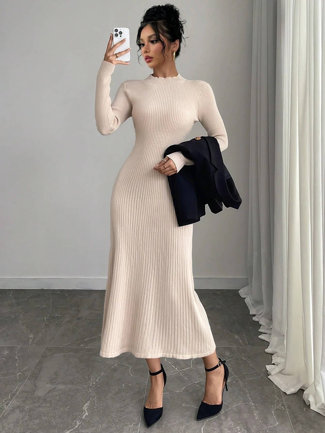 Traquila Women Lycra Bodycon Dress ( Beige )