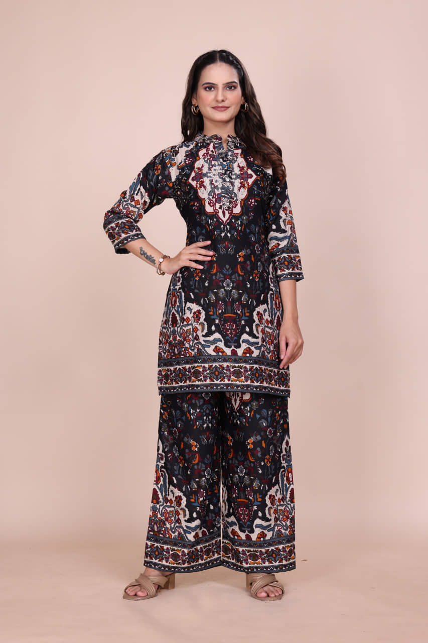 VANVAAM Women Printed Top With Palazzos Co-Ord Set ( Black )