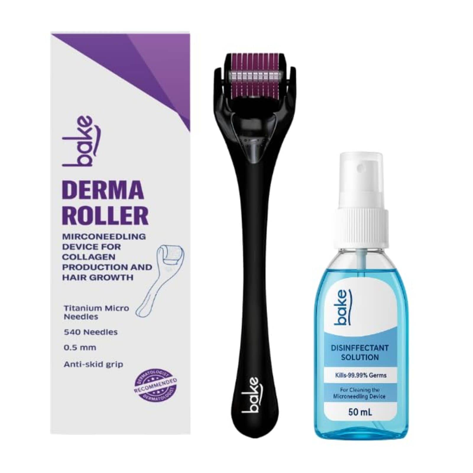 BAKE Derma Roller 0.5mm for Hair Growth, Beard Growth & Acne Marks with 540 Titanium Alloy Needles