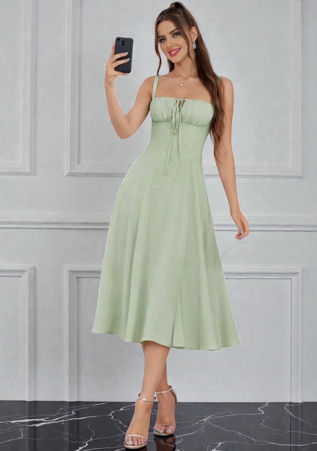 Traquila Women Crepe A-line Dress ( Mint Green )