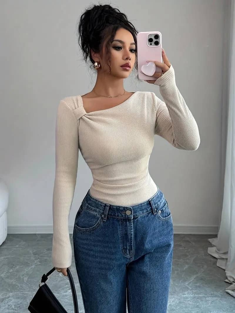 Traquila Women Lycra Solid Regular Fit Asymmetrical Neck T-Shirt ( Beige )