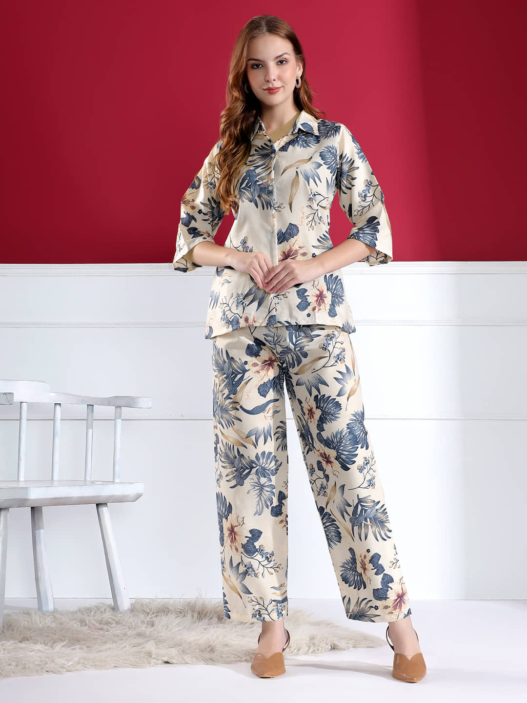 KAHARA Women Shirt With Palazzos Co-Ord Set ( White )
