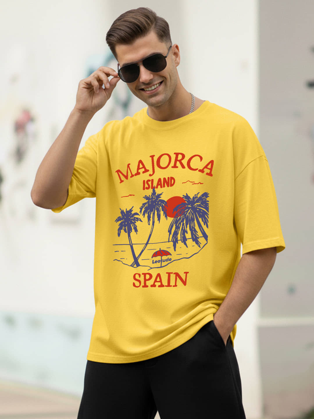 Leotude Men Cotton Blend Oversized Fit Printed T-Shirt ( Yellow )