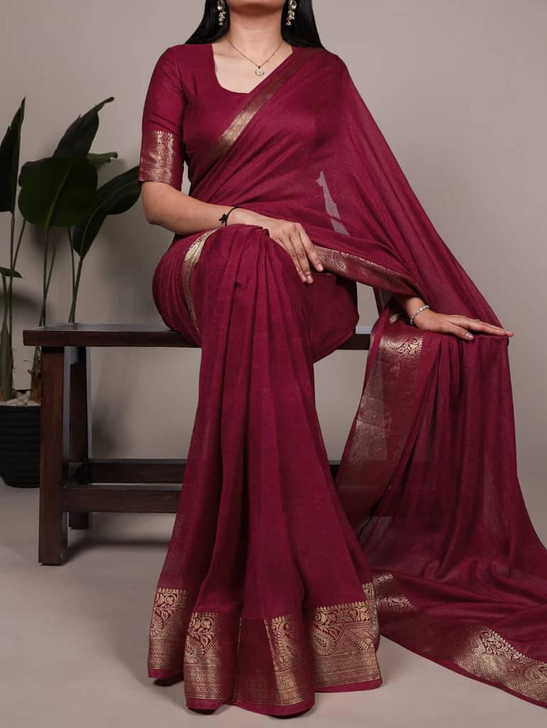 Aika Silk Solid Kanjeevaram Sarees With Unstitched Blouse Piece ( Maroon ) - Sarees | Buy online on ZillyBuy