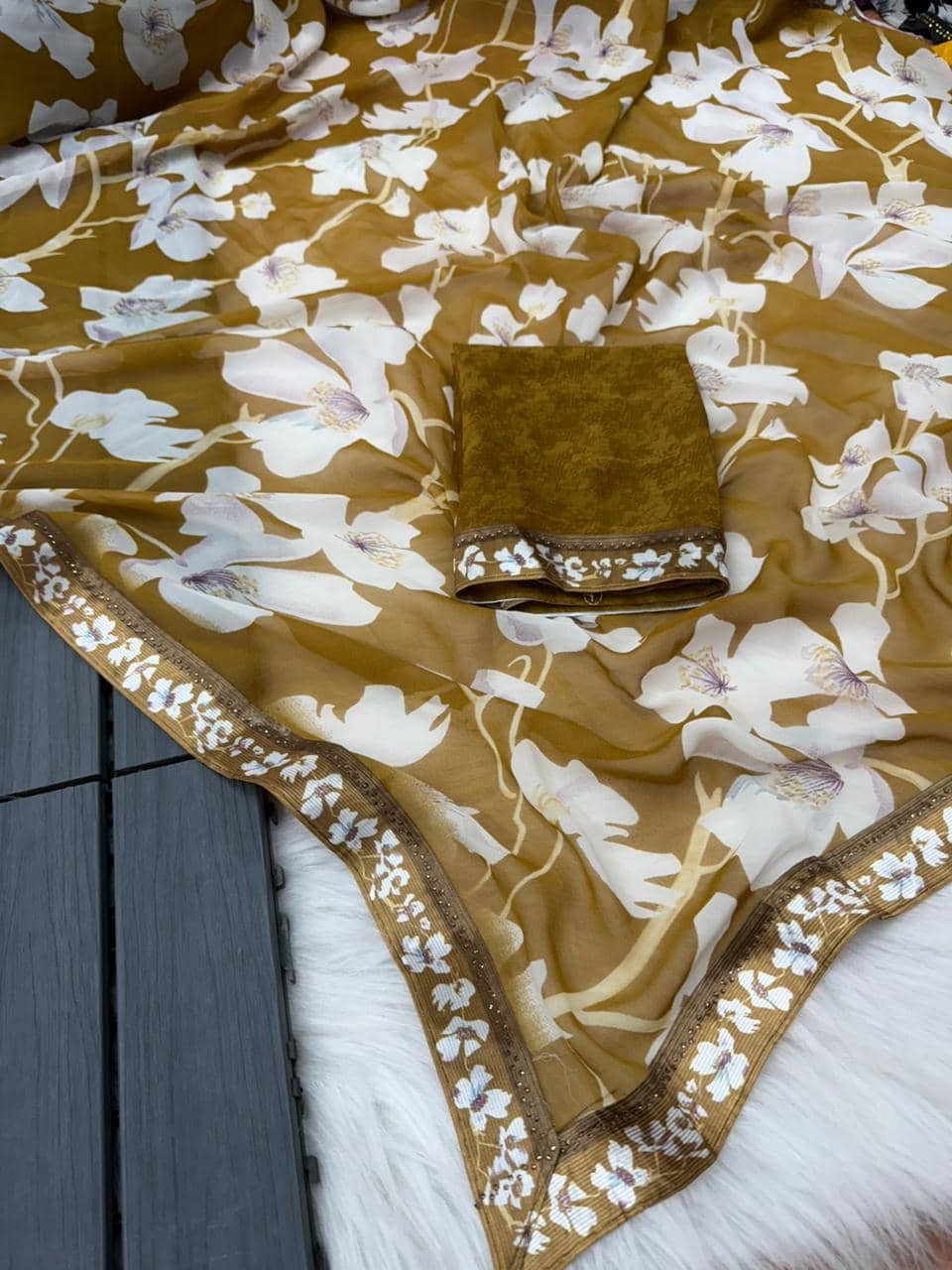 BHAVIKA SILK MILLS Georgette Printed Regular Saree With Stitched Blouse ( yellow ) - Sarees | Buy online on ZillyBuy