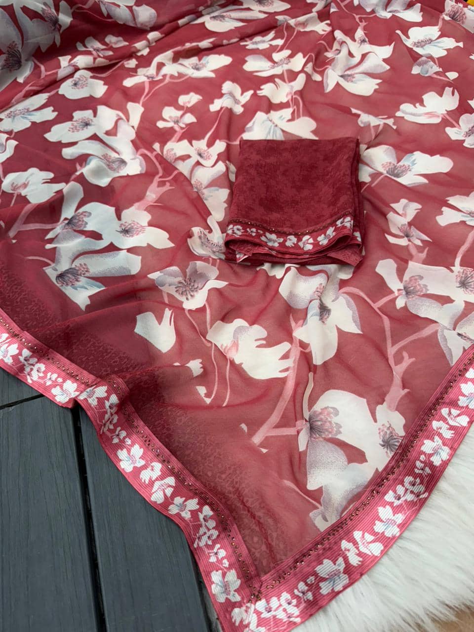 BHAVIKA SILK MILLS Georgette Printed Regular Saree With Stitched Blouse ( pink ) - Sarees | Buy online on ZillyBuy