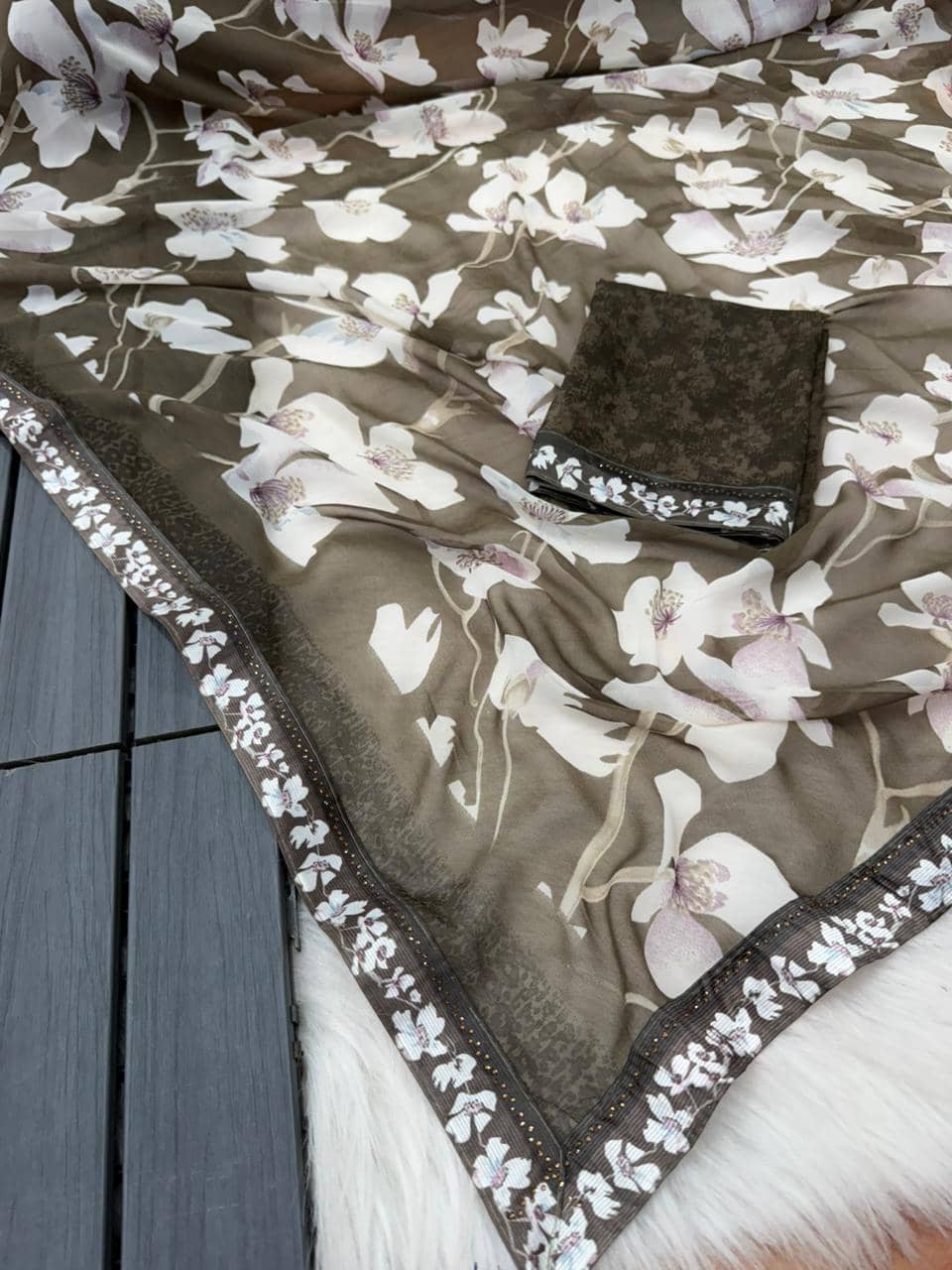 BHAVIKA SILK MILLS Georgette Printed Regular Saree With Stitched Blouse ( brown ) - Sarees | Buy online on ZillyBuy