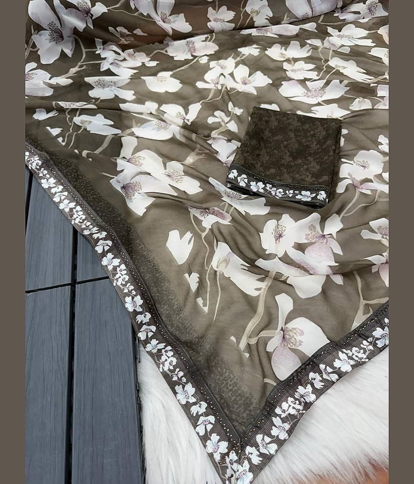 BHAVIKA SILK MILLS Georgette Printed Regular Saree With Stitched Blouse ( brown ) - Sarees | Buy online on ZillyBuy