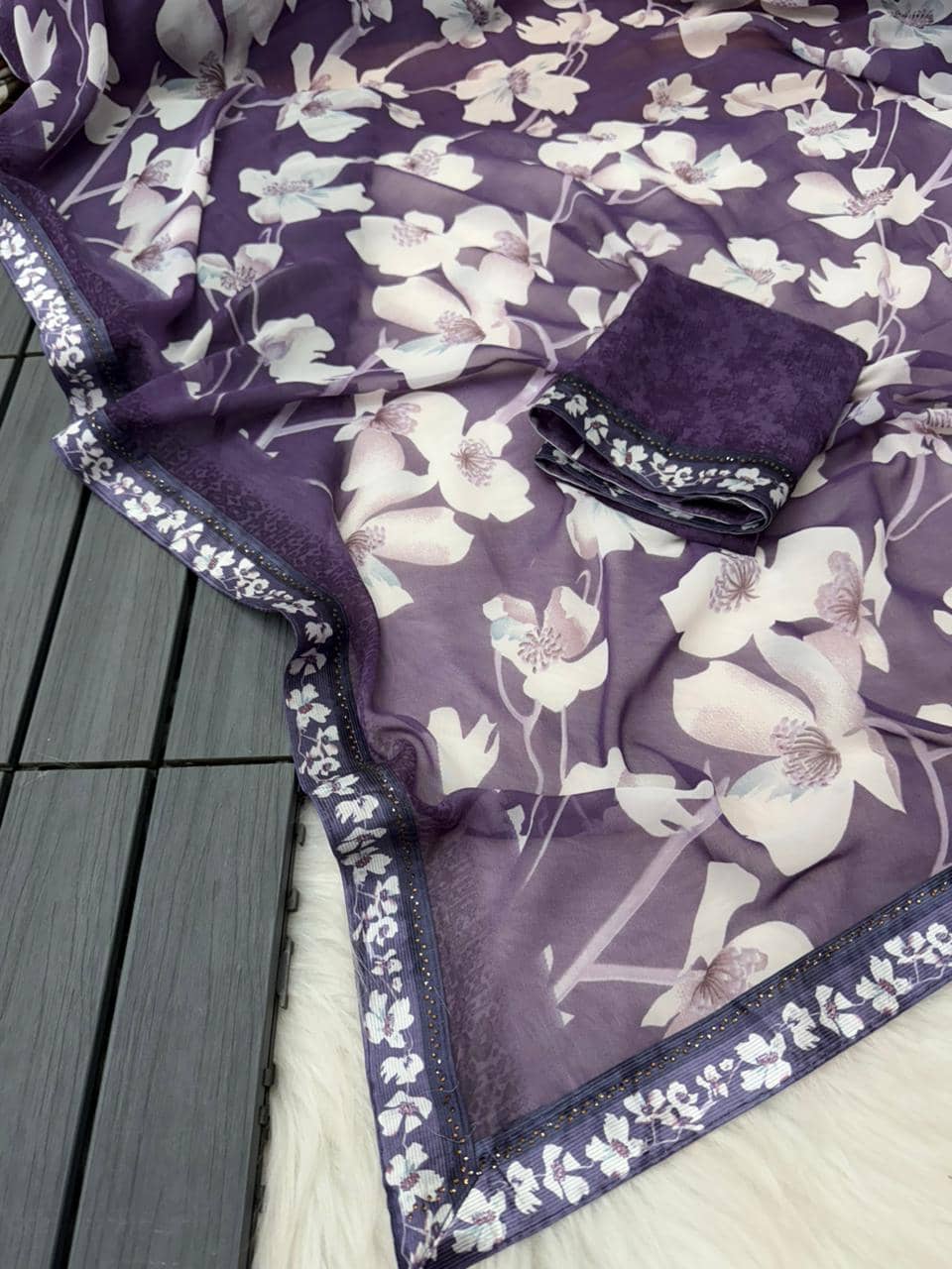 BHAVIKA SILK MILLS Georgette Printed Regular Saree With Stitched Blouse ( purple ) - Sarees | Buy online on ZillyBuy