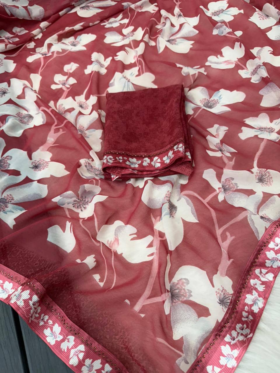 BHAVIKA SILK MILLS Georgette Printed Regular Saree With Stitched Blouse ( pink ) - Sarees | Buy online on ZillyBuy