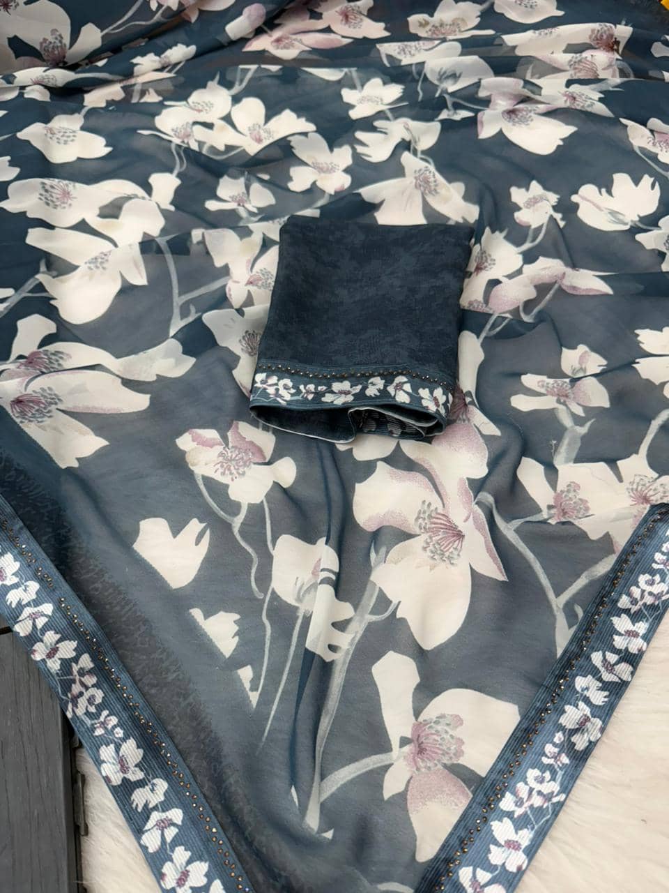 BHAVIKA SILK MILLS Georgette Printed Regular Saree With Stitched Blouse ( rama ) - Sarees | Buy online on ZillyBuy