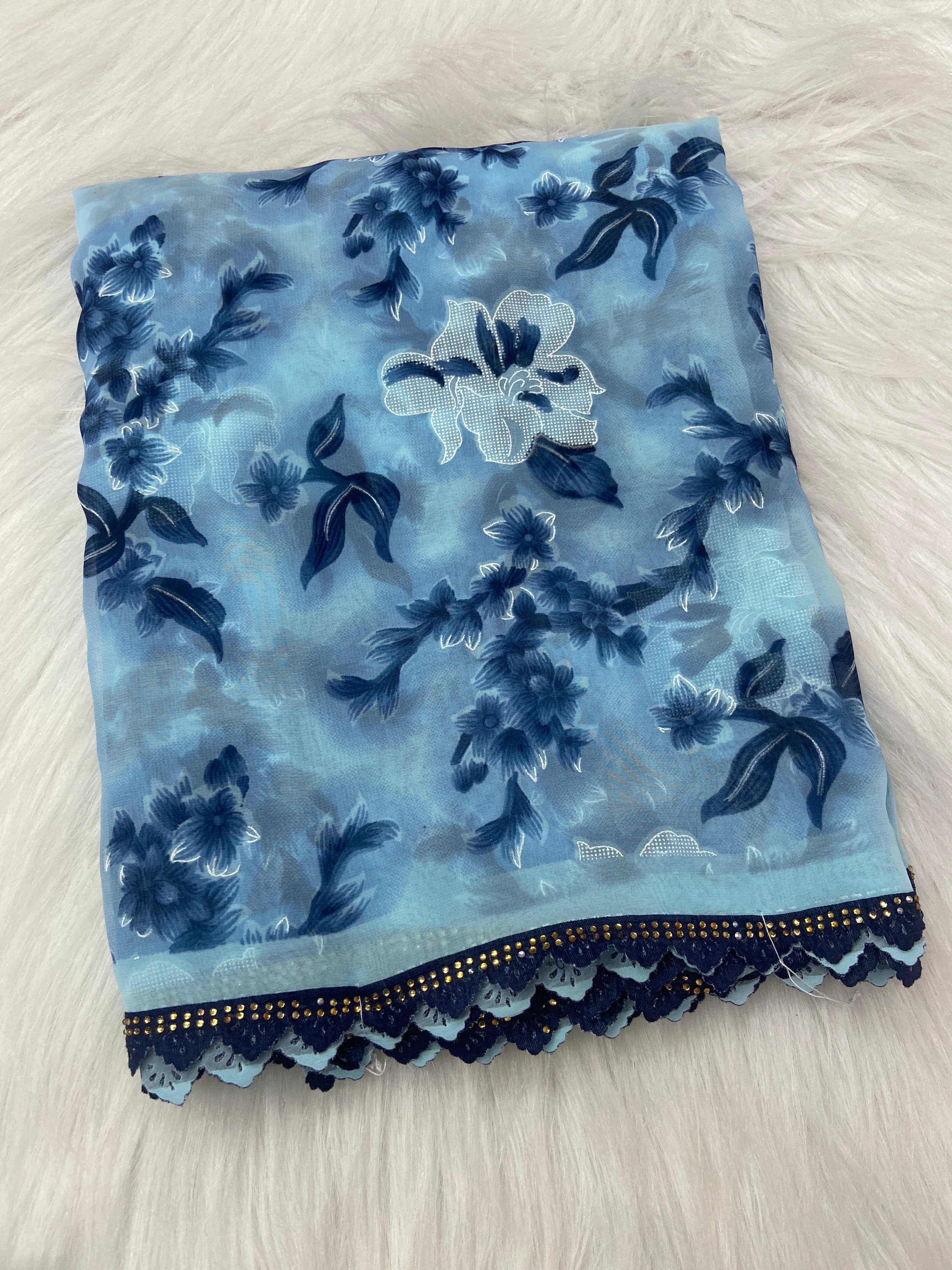 BHAVIKA SILK MILLS Georgette Printed Regular Saree With Stitched Blouse ( blue ) - Sarees | Buy online on ZillyBuy