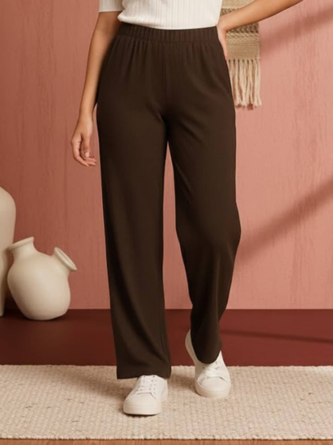 DTR FASHION Women Cotton Blend Wide Leg Trousers ( Brown ) - Trousers | Buy online on ZillyBuy