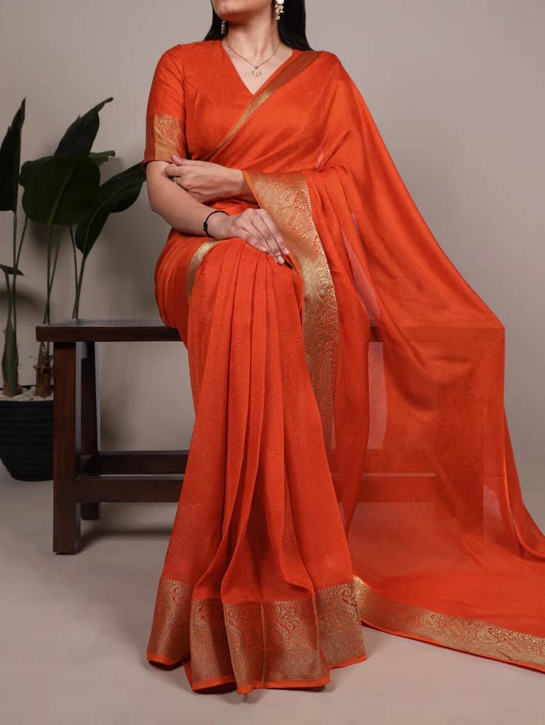 JULEE Silk Solid Kanjeevaram Sarees With Unstitched Blouse Piece ( Orange ) - Sarees | Buy online on ZillyBuy