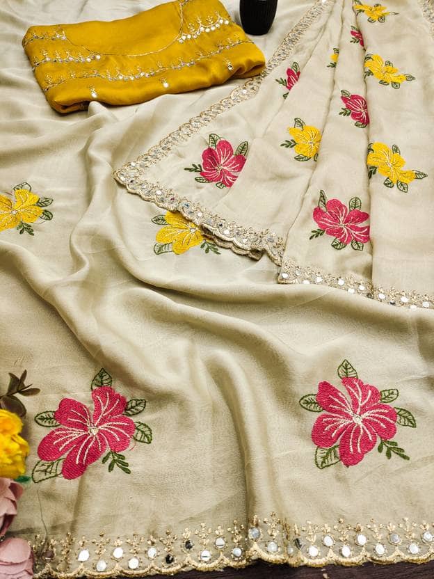 SHRIMORI Silk Solid Regular Saree With Unstitched Blouse Piece ( Cream ) - Sarees | Buy online on ZillyBuy