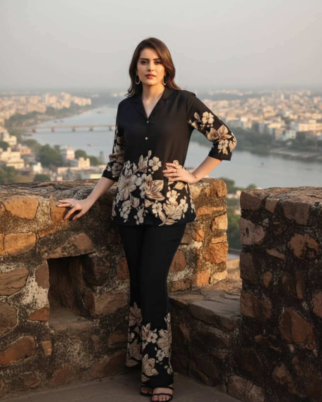 VANVAAM Women Printed Shirt With Palazzos Co-Ord Set ( Black )
