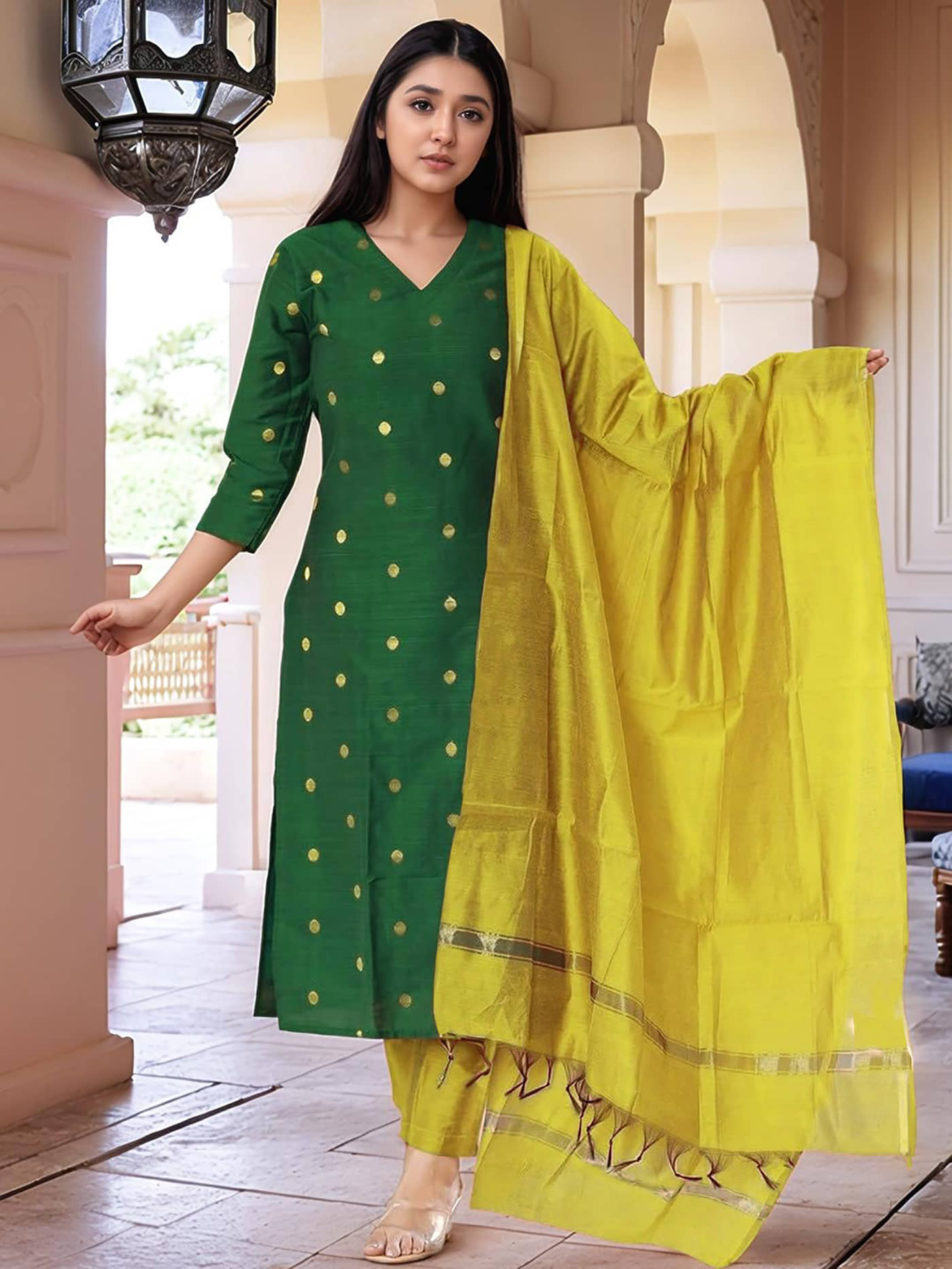 kedar fab Women Art Silk Self Design Straight Kurti With Pants ( Green )