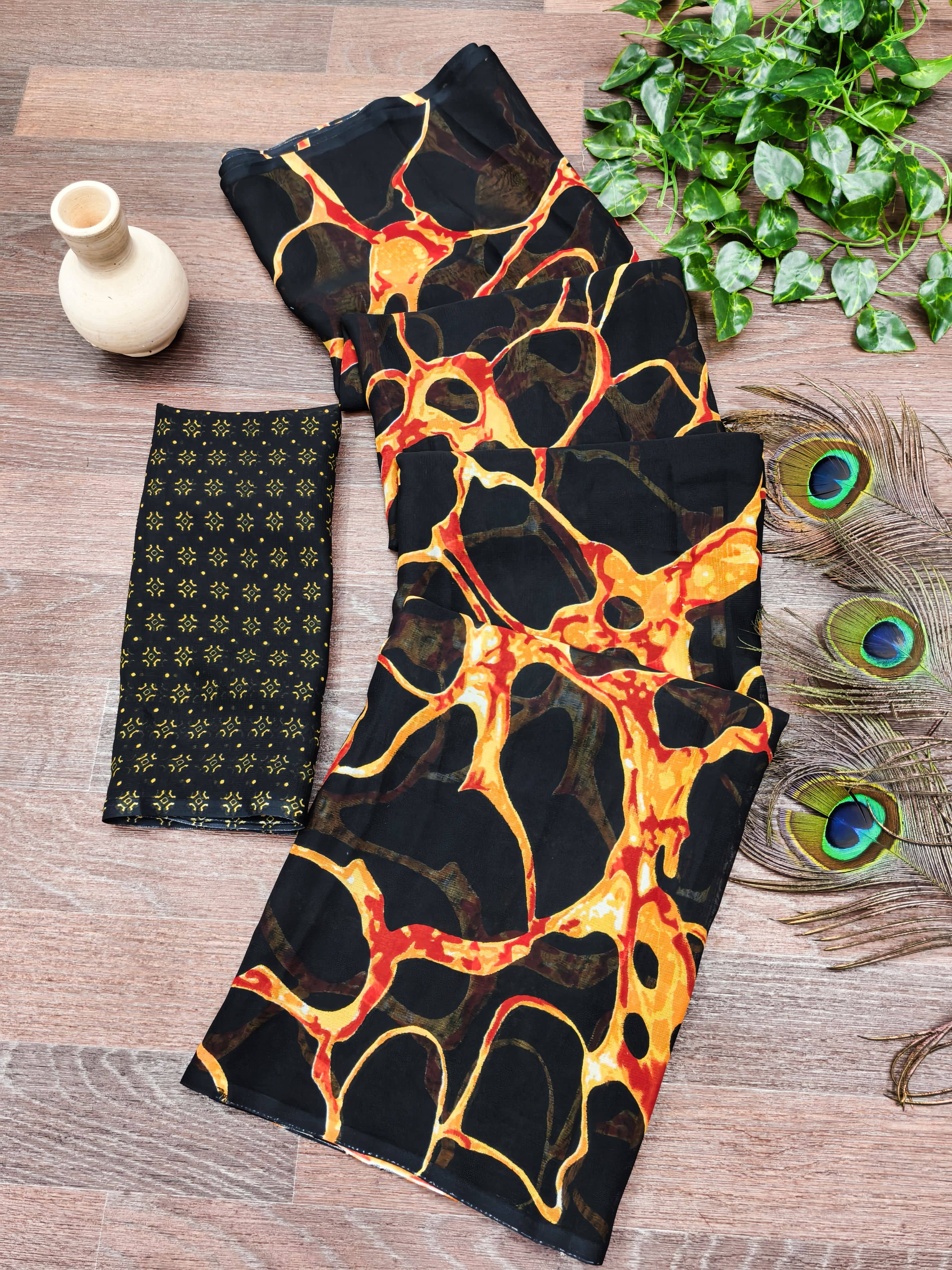 Kanooda Prints Georgette Printed Regular Saree With Unstitched Blouse Piece ( Black ) - Sarees | Buy online on ZillyBuy