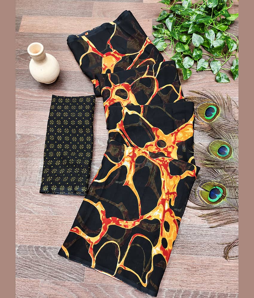 Kanooda Prints Georgette Printed Regular Saree With Unstitched Blouse Piece ( Black ) - Sarees | Buy online on ZillyBuy