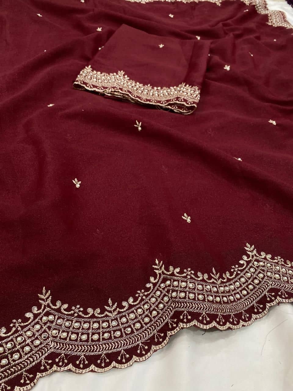 Rangtulika Ethnics Georgette Solid Regular Saree With Unstitched Blouse Piece ( Maroon ) - Sarees | Buy online on ZillyBuy