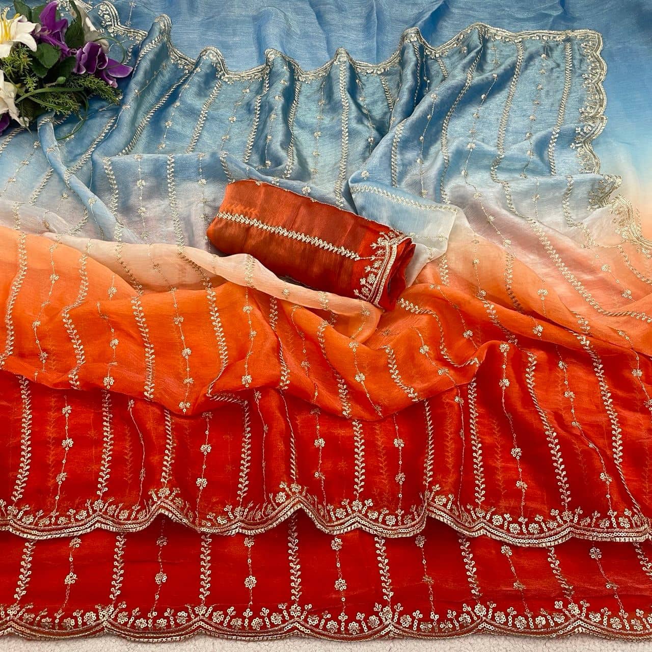 Rangtulika Ethnics Satin Solid Regular Saree With Unstitched Blouse Piece ( Orange ) - Sarees | Buy online on ZillyBuy