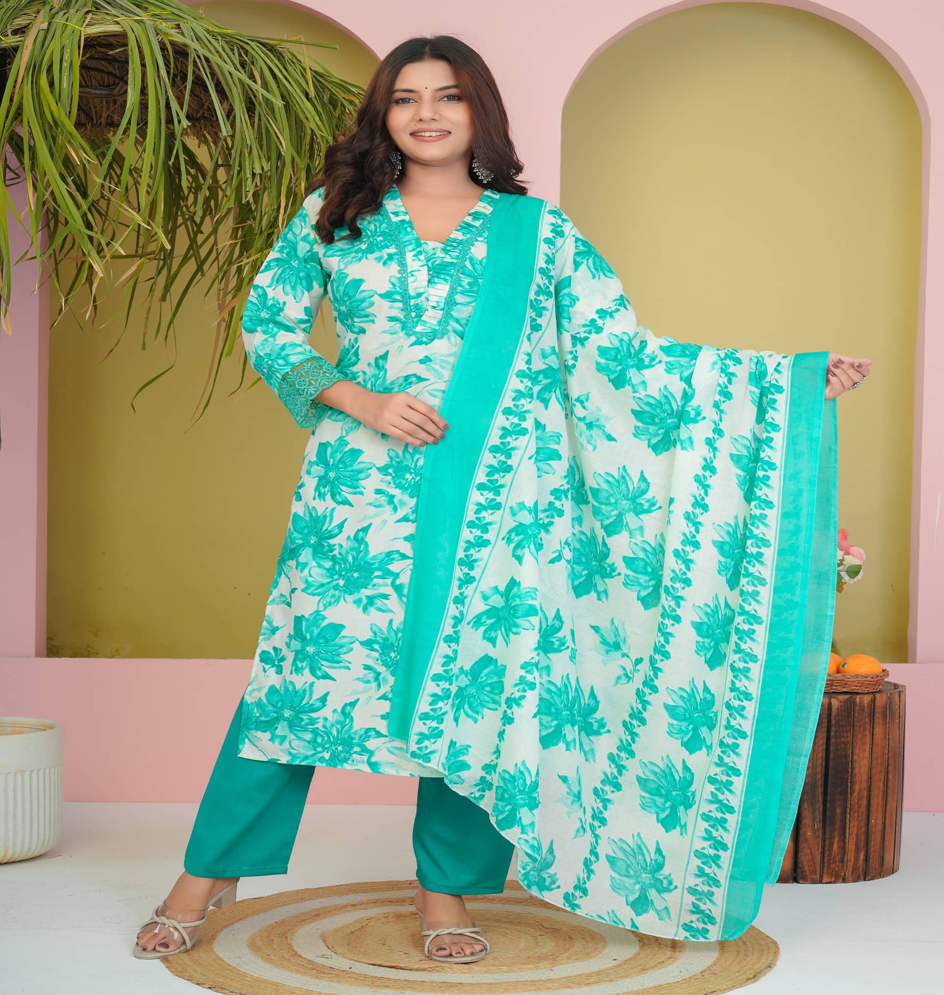 Devakii Women Cotton Blend Printed Straight Kurti With Pants ( Mint Green )