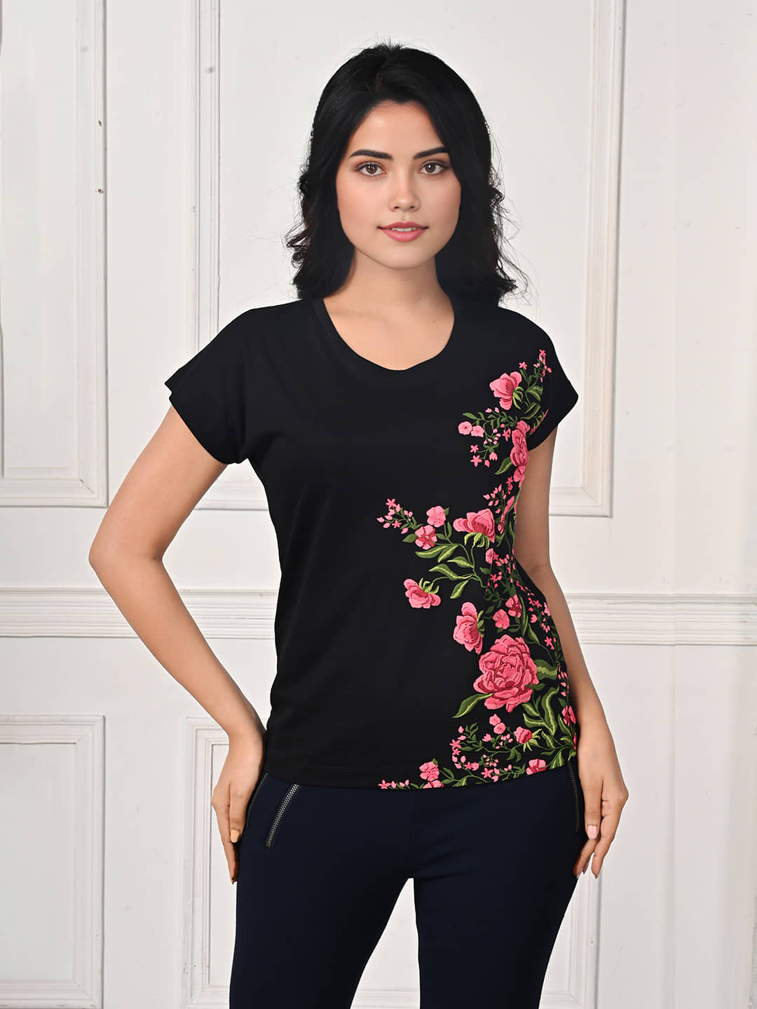 LYRA Women Cotton Printed Regular Fit Round Neck T-Shirt ( Red )