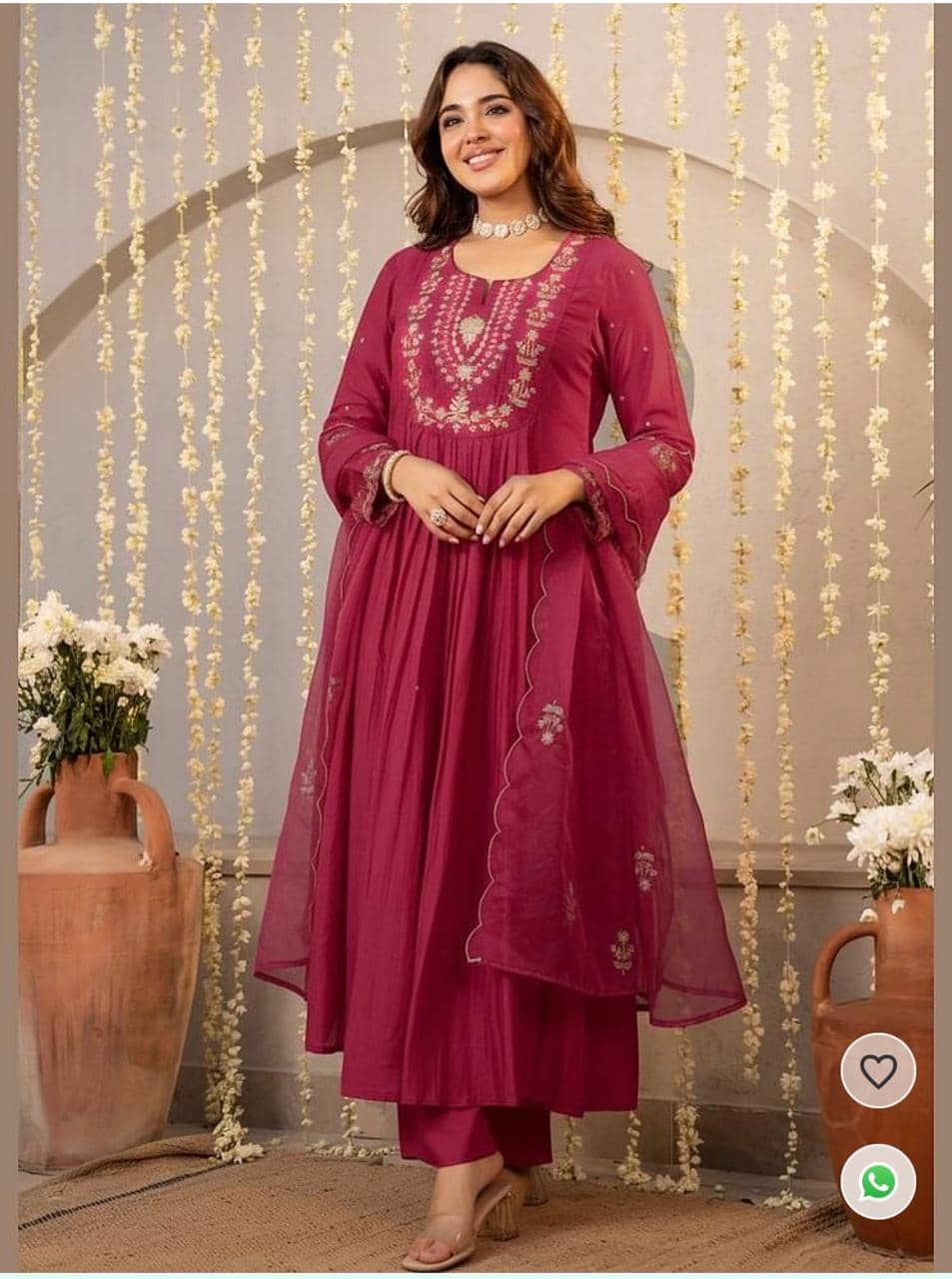 Mahek Fashion Women Silk Blend Embroidered Flared Kurti With Pants ( Maroon )