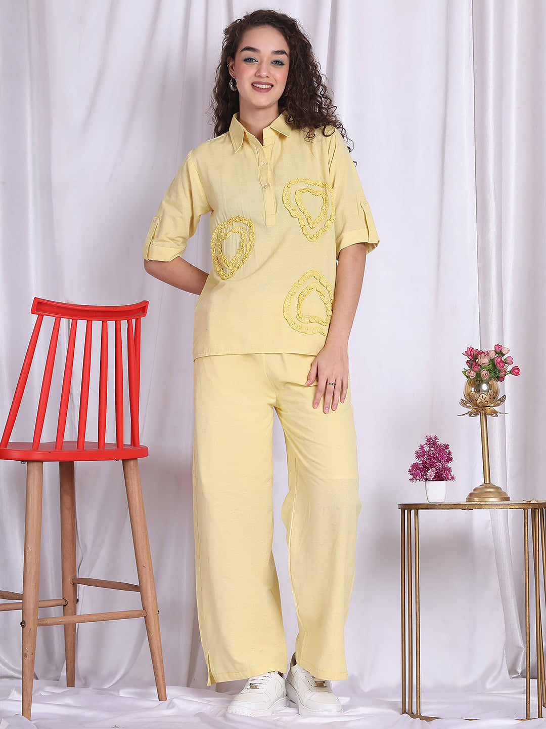 NEUDIS Women Self Design Top With Trousers Co-Ord Set ( Yellow )