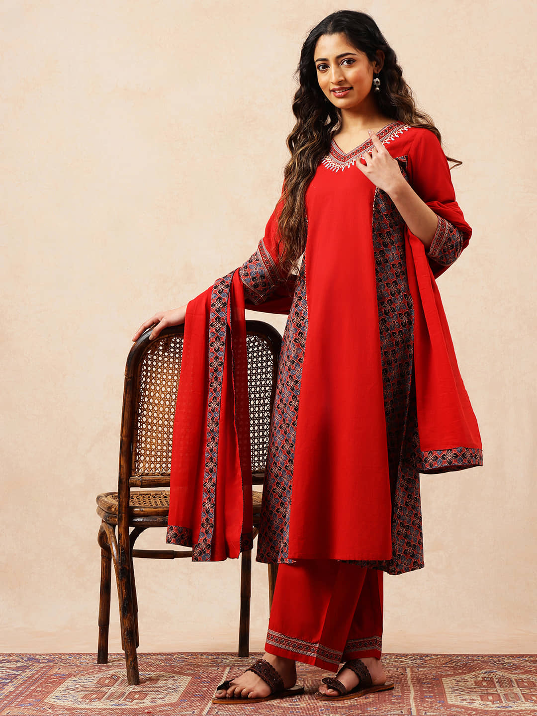 Vbuyz Women Cotton Printed A-line Kurti With Palazzo ( Red )