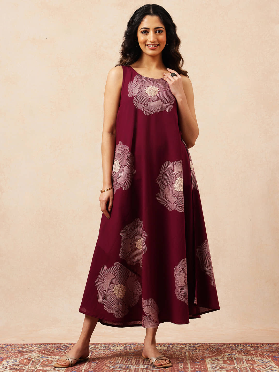 Vbuyz Women Cotton Printed A-line Dress ( Magenta )