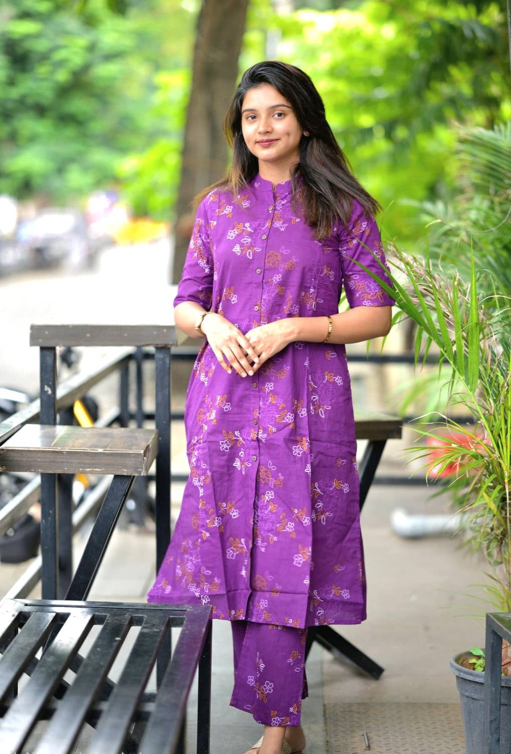 YAGNIK FASHION Women Cotton Blend Self Design A-line Kurti With Pants ( Lavender )