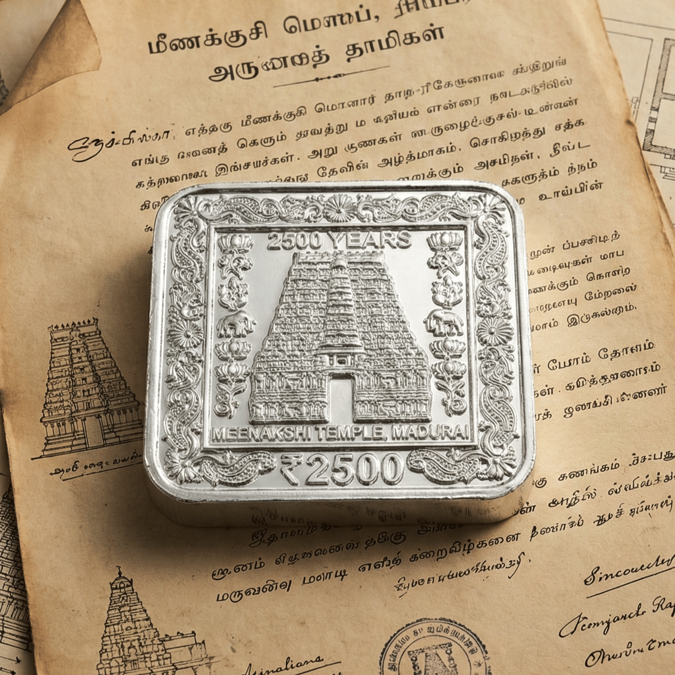 100 Grams 2500 Rupees Meenakshi Temple - Madurai, India Silver-plated Coin Bar & Paper Weight 100 Grams
