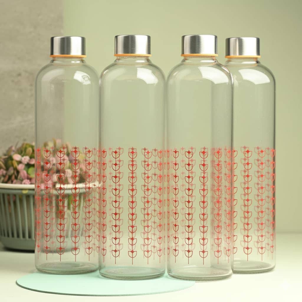 AFAST Clear Glass Storage Bottle With Metal Lid Red Glass Water Bottle 1000 mL ( Set of 4 )