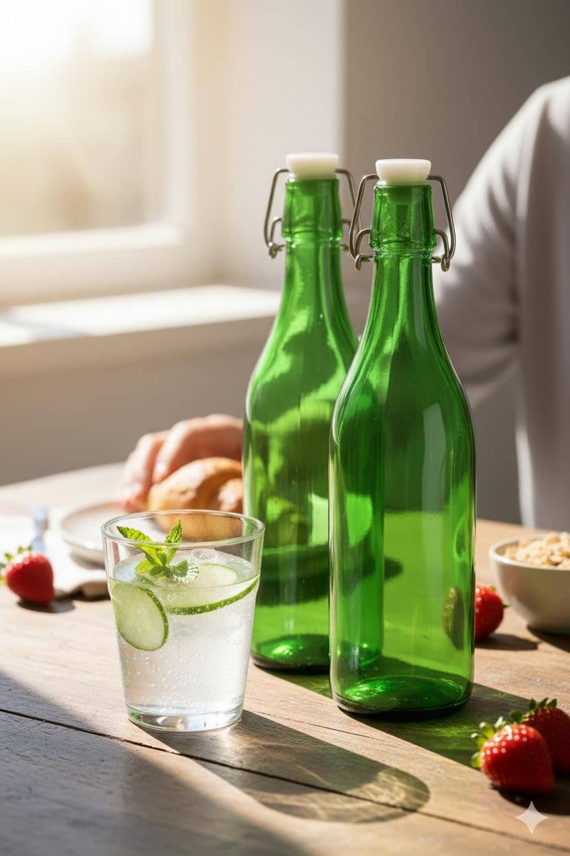 AFAST Clear Glass Storage Bottle With Metal Lid Green Glass Water Bottle 1000 mL ( Set of 2 )