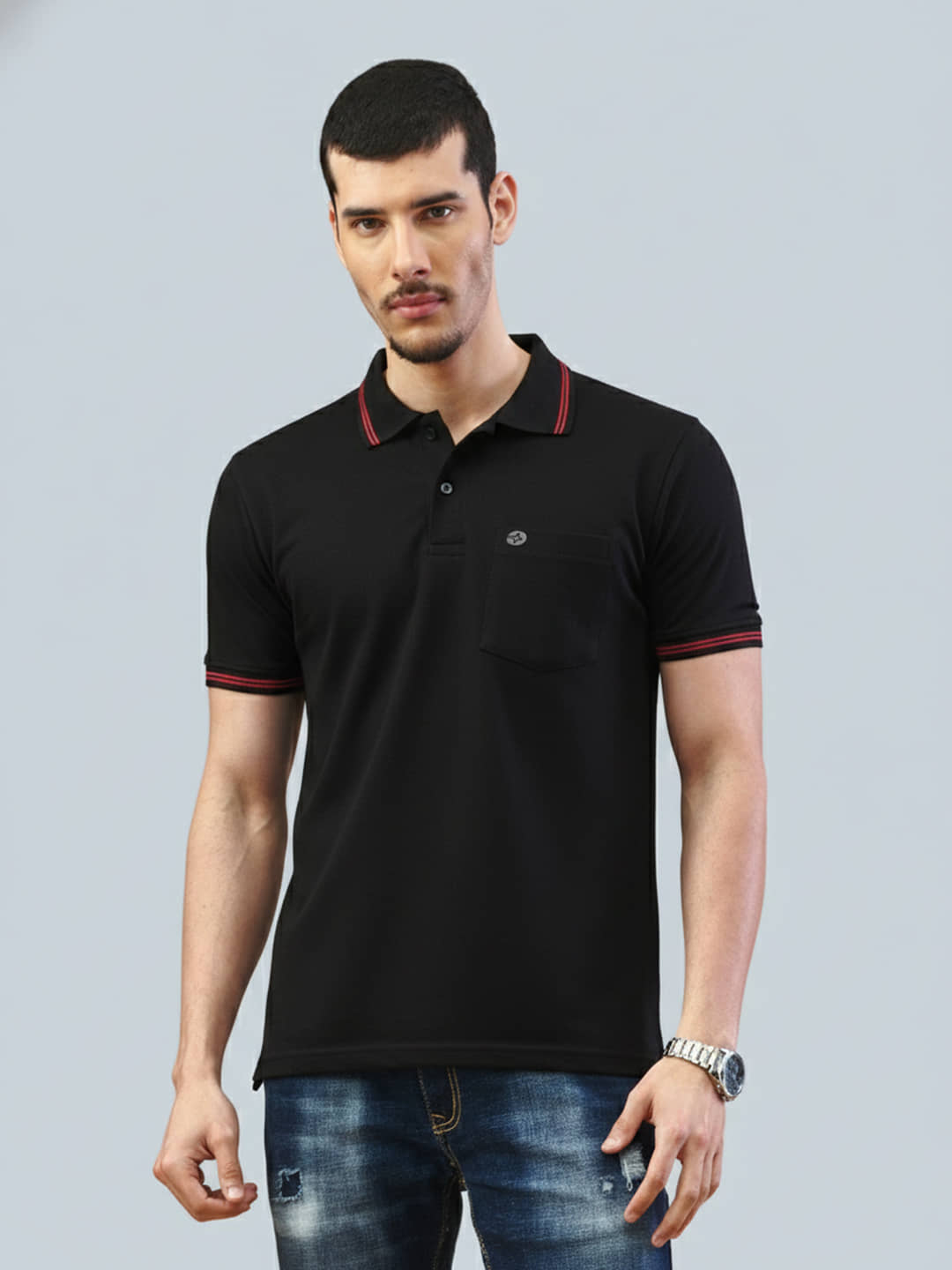 Lux Nitro Men Cotton Regular Fit Solid Polo T Shirt ( Black )