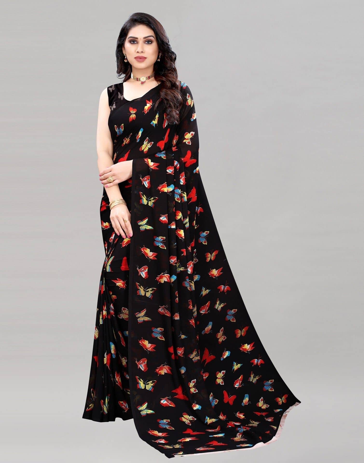 Samah Chiffon Printed Regular Saree With Unstitched Blouse Piece ( Black ) - Sarees | Buy online on ZillyBuy