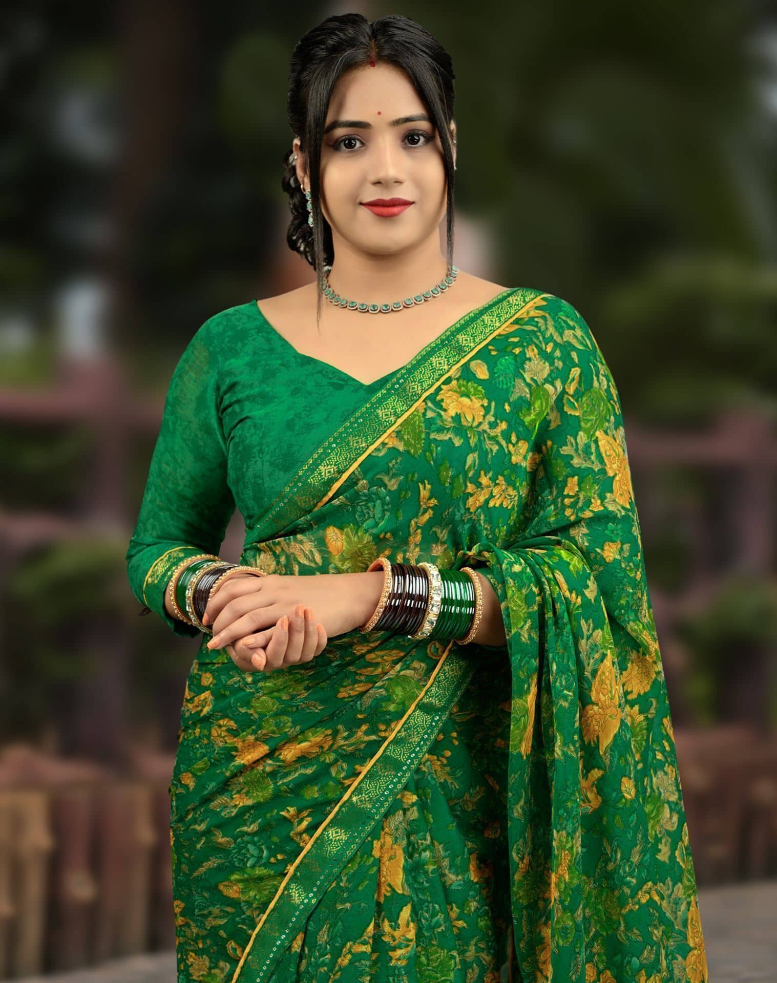 Samah Georgette Printed Regular Saree With Unstitched Blouse Piece ( Green ) - Sarees | Buy online on ZillyBuy