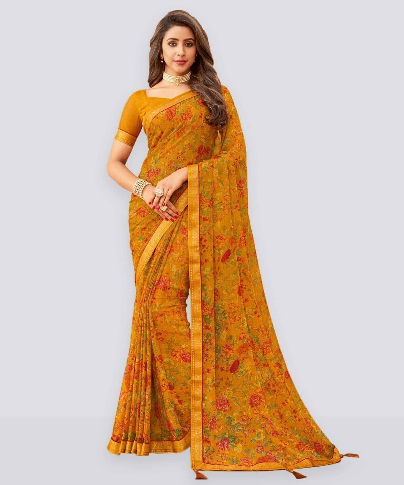 Samah Georgette Printed Regular Saree With Unstitched Blouse Piece ( Orange ) - Sarees | Buy online on ZillyBuy