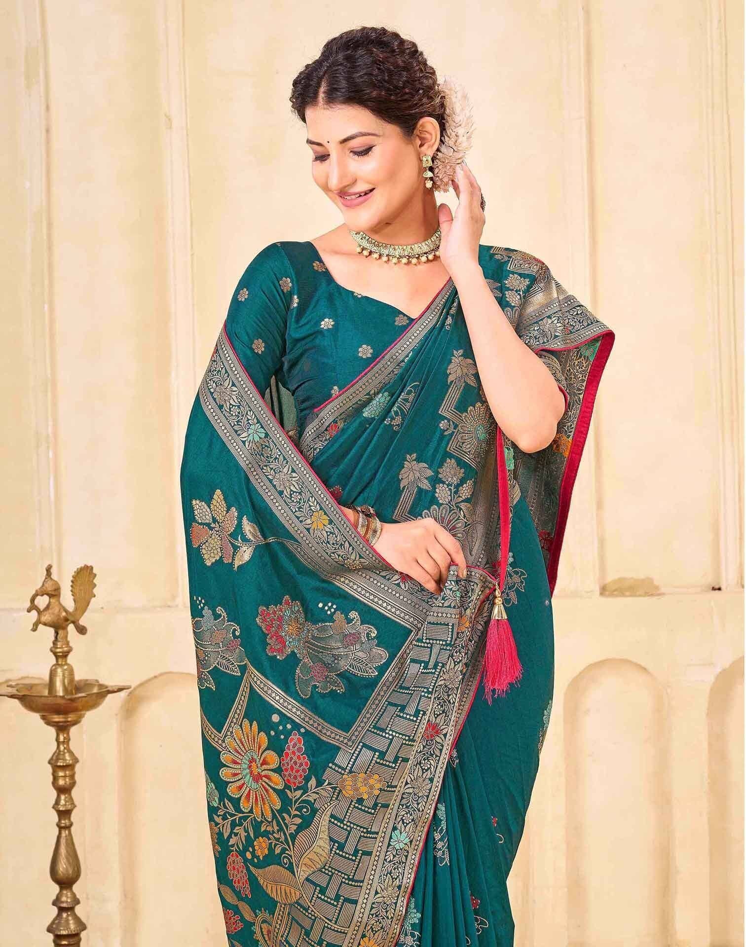 Samah Silk Woven Banarasi saree With Unstitched Blouse Piece ( Blue ) - Sarees | Buy online on ZillyBuy