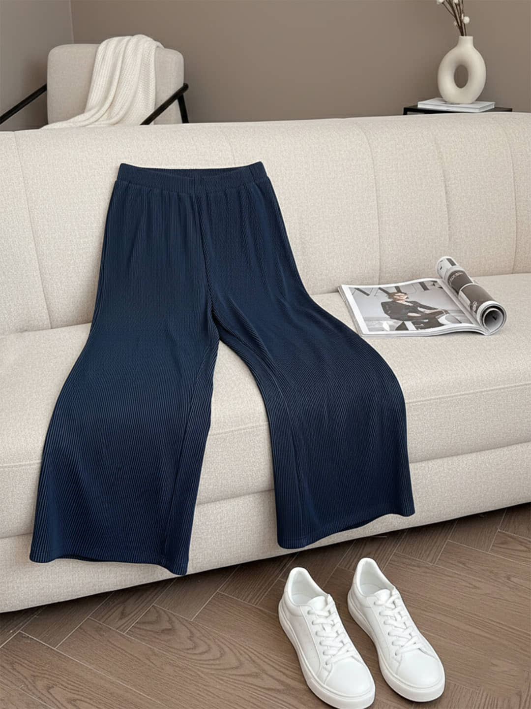 DE TRENDZ Women Cotton Blend Wide Leg Trousers ( Navy Blue ) - Trousers | Buy online on ZillyBuy