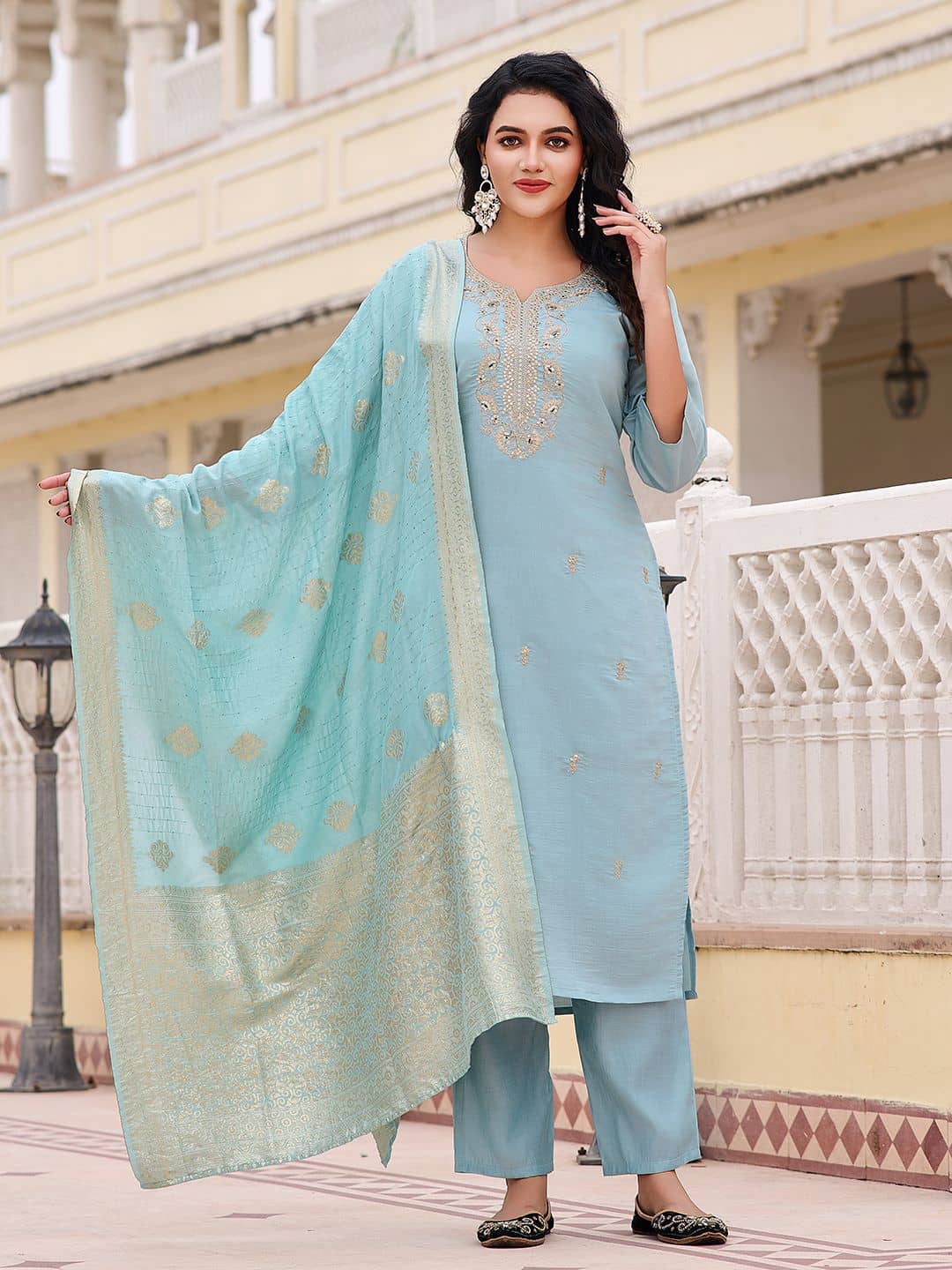 TRAHIMAM Women Chanderi Embroidered Straight Kurti With Pants ( Light Blue )