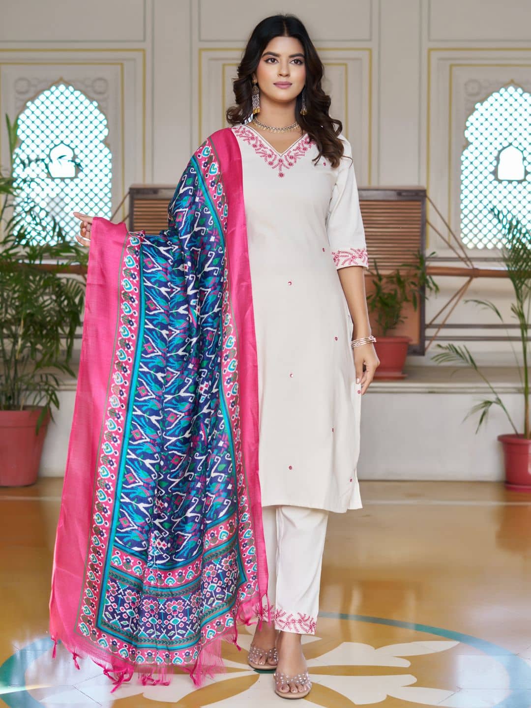 TRAHIMAM Women Cotton Blend Embroidered Straight Kurti With Pants ( White )