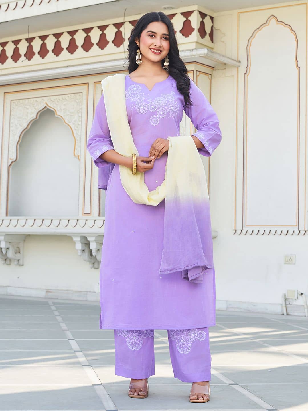 TRAHIMAM Women Cotton Embroidered Straight Kurti With Pants ( Purple )