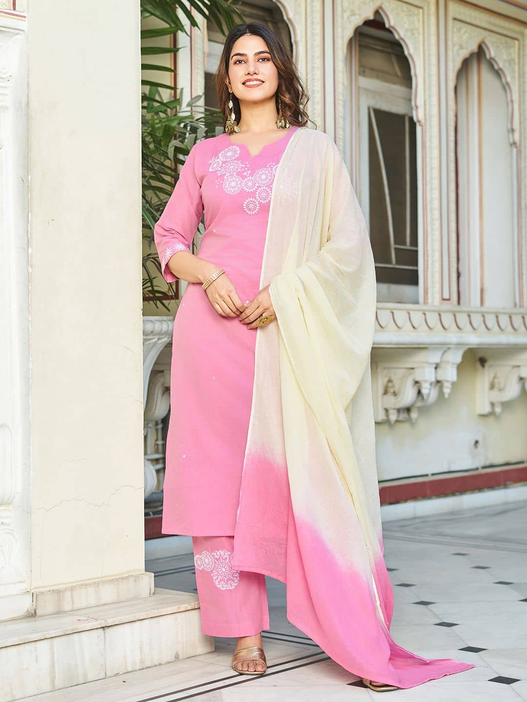 TRAHIMAM Women Cotton Embroidered Straight Kurti With Pants ( Pink )